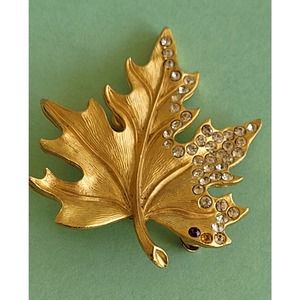 Vintage Leaf Brooch with Rhinestones - Stamped by Manufacturer